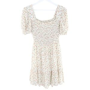 Altar'd State Mini Dress Smocked Floral Puff Sleeve Cream Orange TB8123
